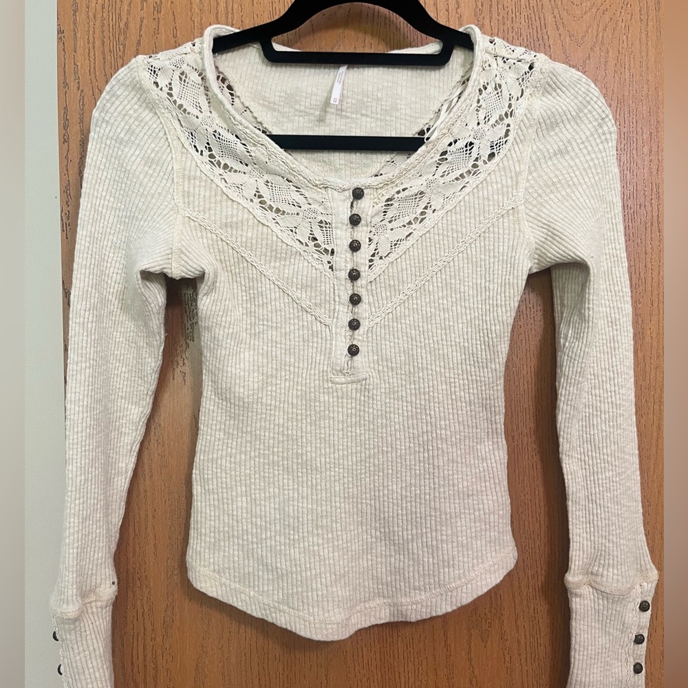 Free People Cream Lace-Trim Ribbed Henley Long Sleeve Top